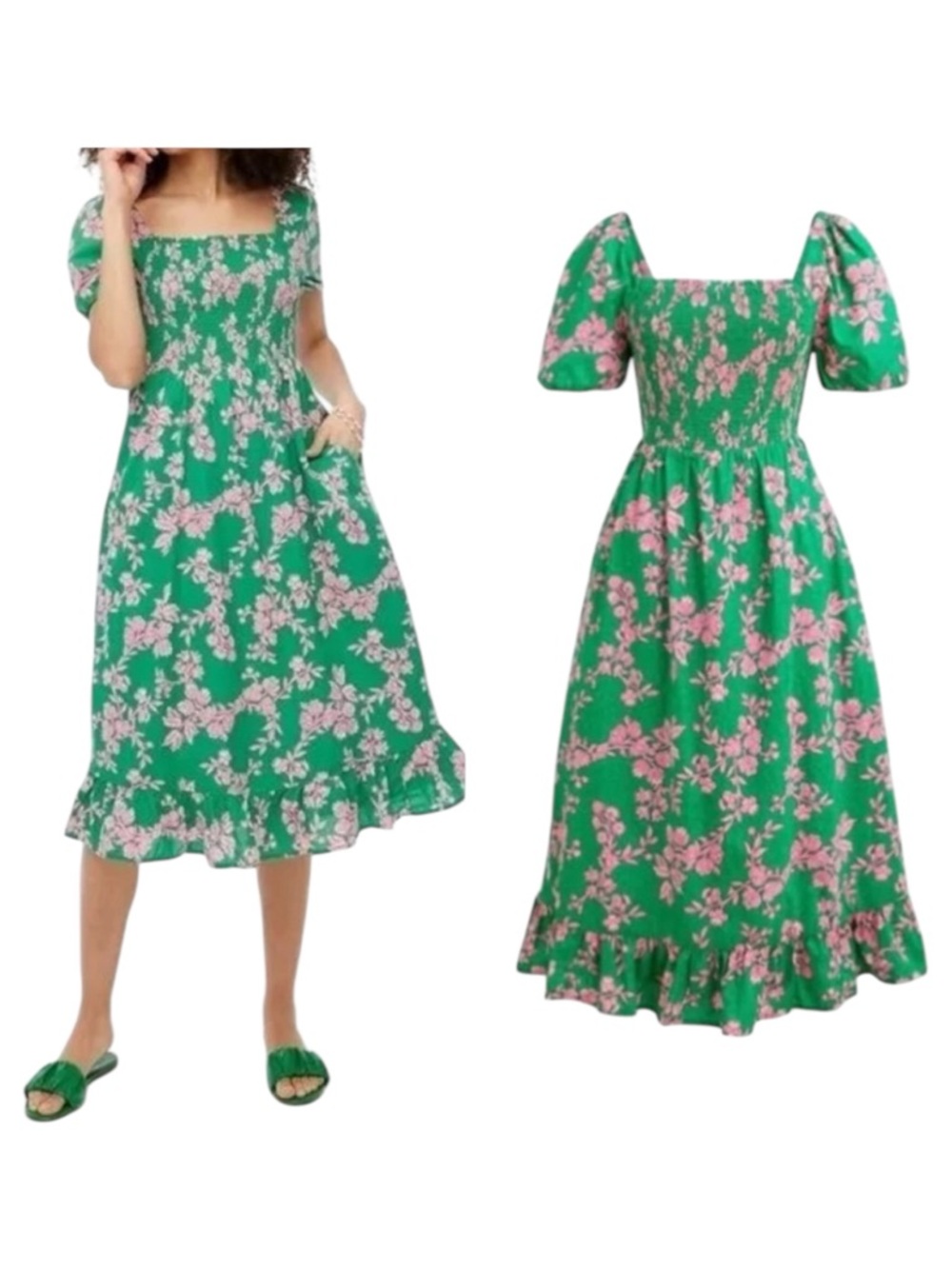 J Crew Smocked Midi Dress - Green, Pink Floral | EXTRA SMALL NWT